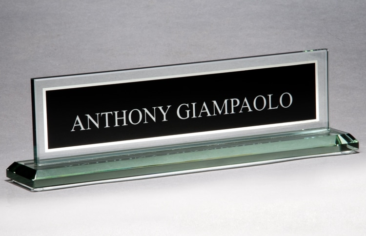 Our Black Glass Name Plate features a black area for laser engraving personalization inside of a mostly jade glass name plate. It's laser engraved with the name Anthony Giampaolo. It's 10" long, weighs 2 lbs. & includes free engraving.