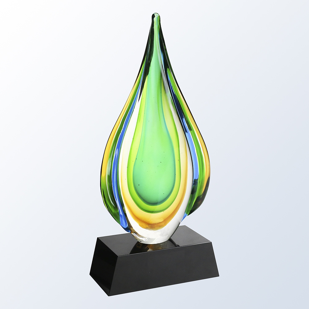 Our Rainforest Art Glass Award with a blank background. this G1808B features a raindrop piece of glass with shades of green, yellow & blue throughout. It's mounted on a black base that includes an engraving plate for personalization, but not shown here. This G1808B is 13" tall & weighs 6.2 lbs