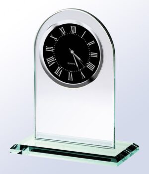 Our Arched Glass Clock with a black clock face features a rounded top and a black & silver clock face. Below the clock face is a blank area for laser engraving personalization. It's all mounted on a jade glass base so it can stand securely. This GC008 is 6" x 7.25" in size and weighs 1.8 lbs