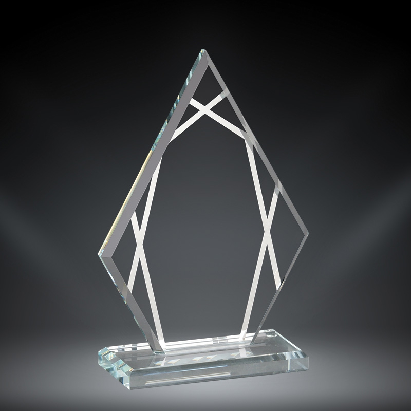 Our Contour Diamond Glass features a traditional diamond award shape with contour lines for added design. It's mounted on a clear glass base for stability. It comes in 3 sizes to choose from, all of which come in a deluxe gift box.