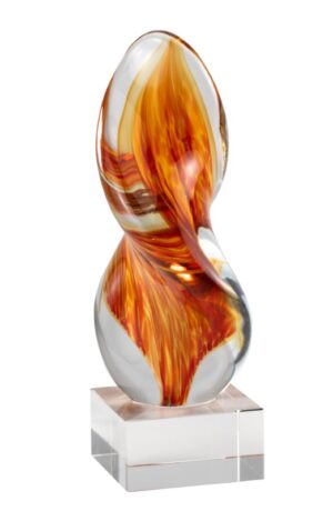 Our Orange Flame Twist Art Glass Award features a twisting piece of glass with orange colors that resemble a flame on the inside. It's mounted on a clear glass base with an engraving plate for personalization. This GLSC10 art glass award stands 9" tall & weighs 3.3 lbs.