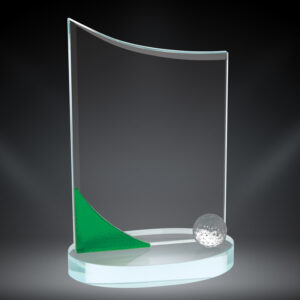 Our Golf Wave Glass Award features a glass rectangle with a wave from left to right at the top, a green accent in the bottom left & a glass golf ball on the bottom right. It's all mounted on an oval glass base. This 96985 golf trophy is 8.5" tall & includes free engraving.