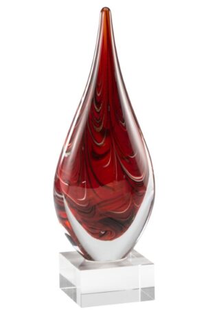 Our Red Swirl Teardrop Art Glass Award features a teardrop shaped piece of glass with red swirls throughout. It's mounted on a clear glass base with an engraving plate for personalization. This GLSC73 stands 9.75" tall & weighs 3 lbs.