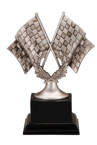 Our Checkered Flag Resin Trophy on a white background. It features 2 silver & black checkered flags, a victory wreath and a black base with an engraving plate for personalization. This RFA-1078 is 10.25" tall & weighs 3 lbs.