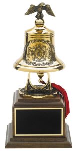 Our Firefighter Bell features an intricately detailed, true cast bronze bell that is mounted on a genuine walnut base with a black & gold engraving plate.