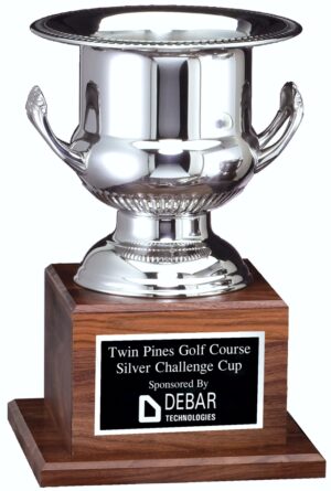 Our Wine Cooler Trophy features a silver wine cooler cup with 2 handles mounted on a solid walnut base. The base has a black & silver engraving plate