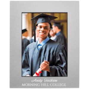 Our Silver Metal Picture Frame that fits an 5x7 photo. This silver frame features a photo of a student graduating with a diploma in hand. We have personalized the bottom with laser engraving personalization that comes through a brighter silver so it's easy to read. This APF457GY frame is 7.25" x 9.25" in size & weighs 1 lbs