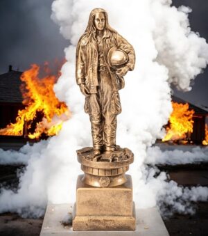 Our Fire Woman Trophy with a structure on fire in the background and lots of smoke directly behind the trophy. The trophy features an antique gold resin statue of a female firefighter in full gear & holding her helmet. This RF-1127 firefighter trophy is 13" tall & weighs 2 lbs.