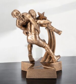 Our Girls Wrestling Trophy features 2 females in the middle of a match. It's made from rustic gold resin and it also has a shooting star as a decoration rising up from the base. The base is made in the shape of a star. This RST535 girls wrestling trophy is 8.5" tall and weighs 1.4 lbs.