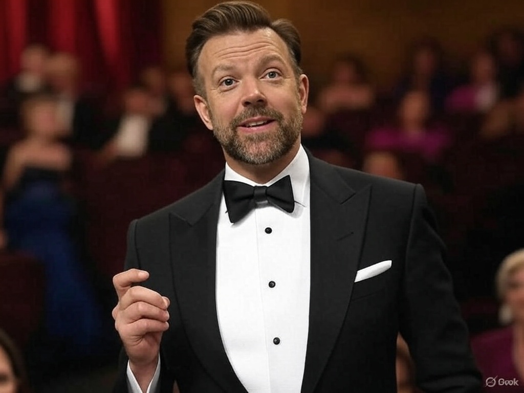 Jason Sudeikis holding an invisible trophy at an awards ceremony.
