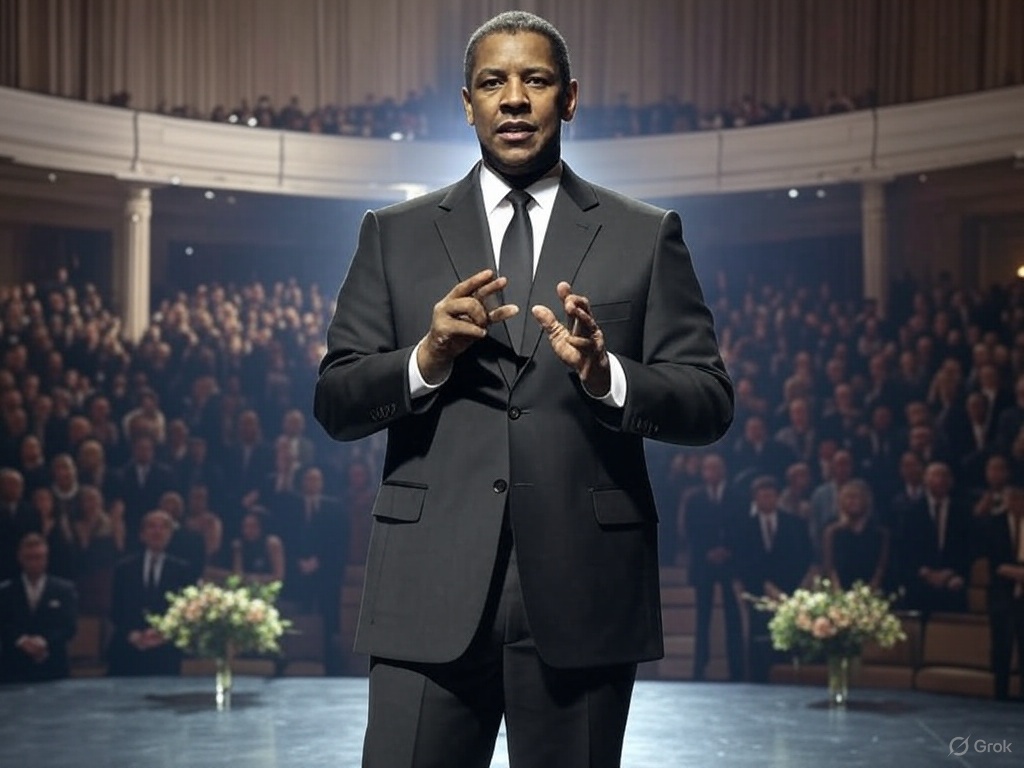Denzel Washington proudly, but humbly showcasing his Invisible Trophy to the world at the Universal Best Actors awards ceremony.